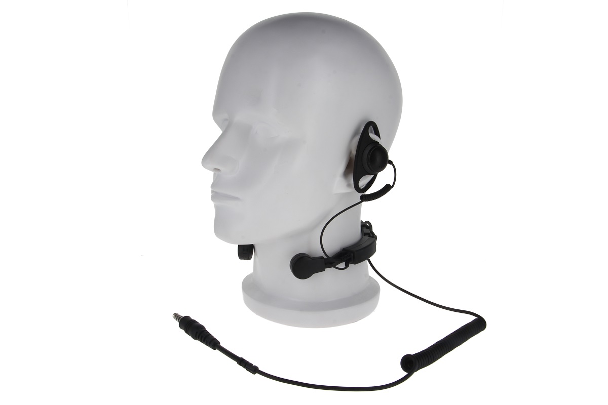 Kunststoffkopf mit Headset und Mikrofon, Kabel mit Stecker.