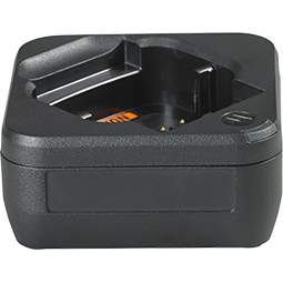 Black battery charger with a slot for a battery.