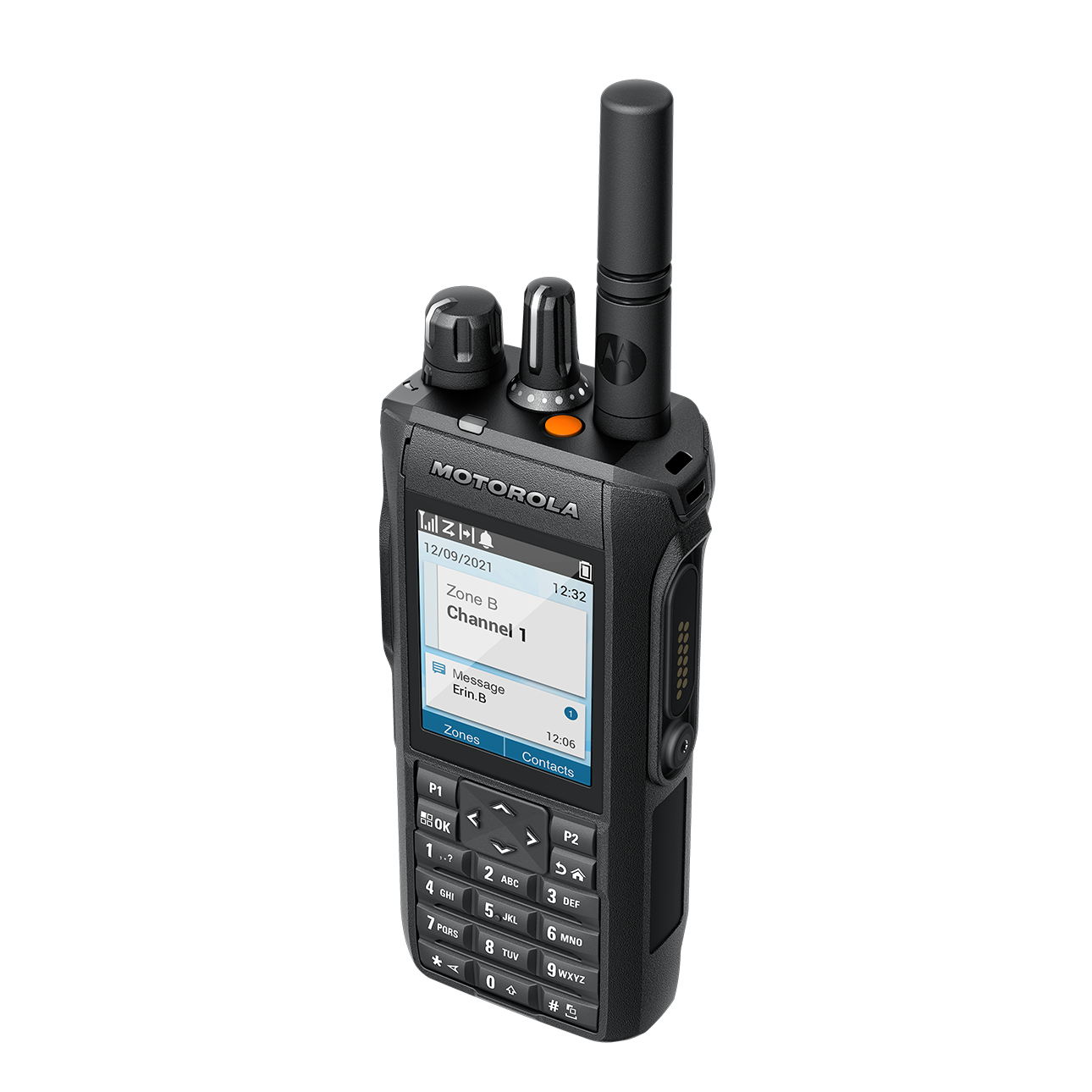 7000-00752922_mot_03.png Ein schwarzes Funkgerät mit Display und Tastenfeld.