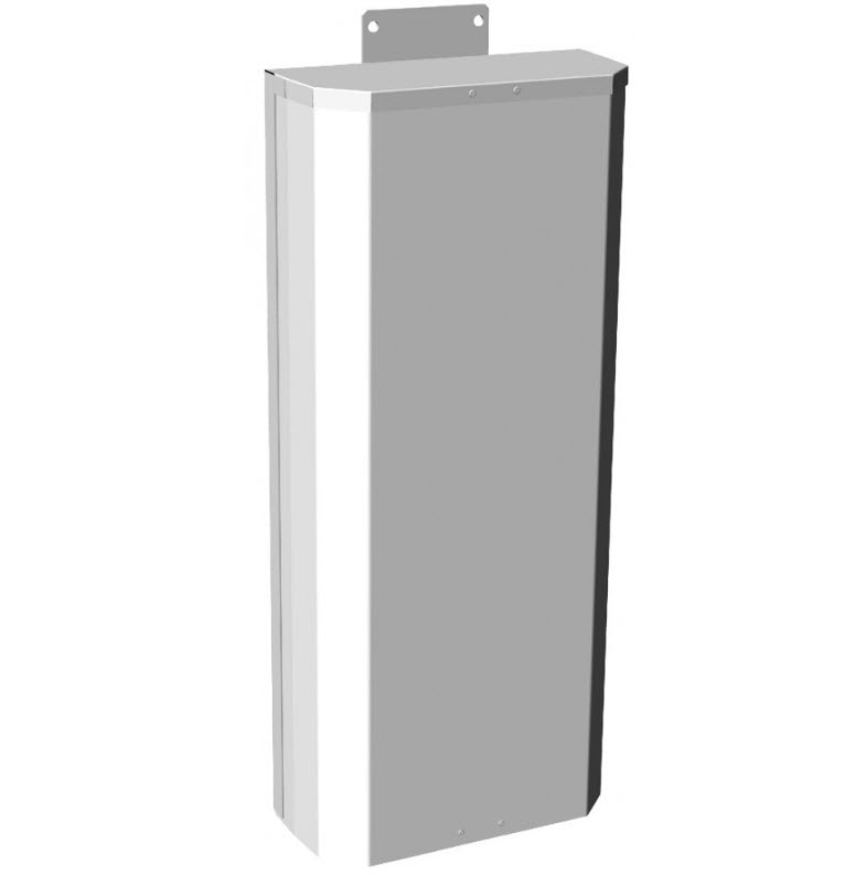 Wandmontierter rechteckiger Metallkasten mit Deckel.