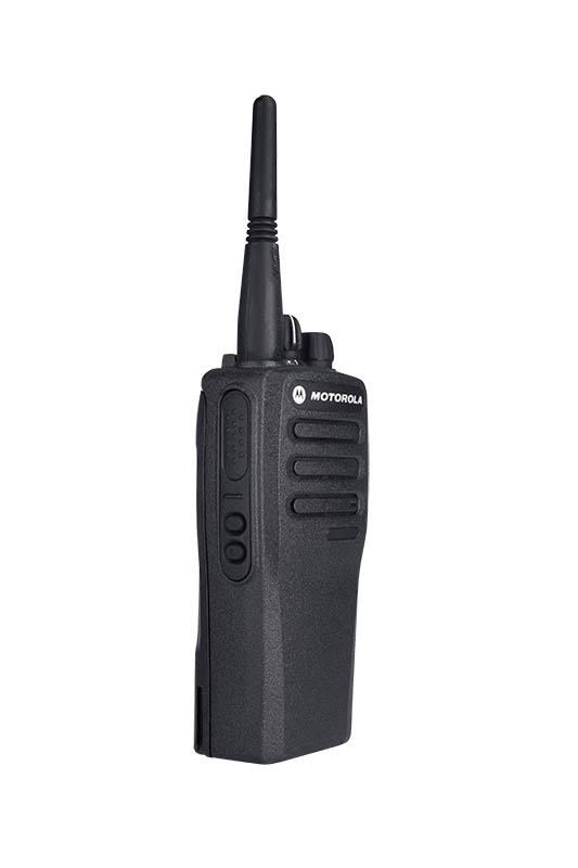 Schwarzes Walkie-Talkie mit Antenne und Lautsprechergittern.