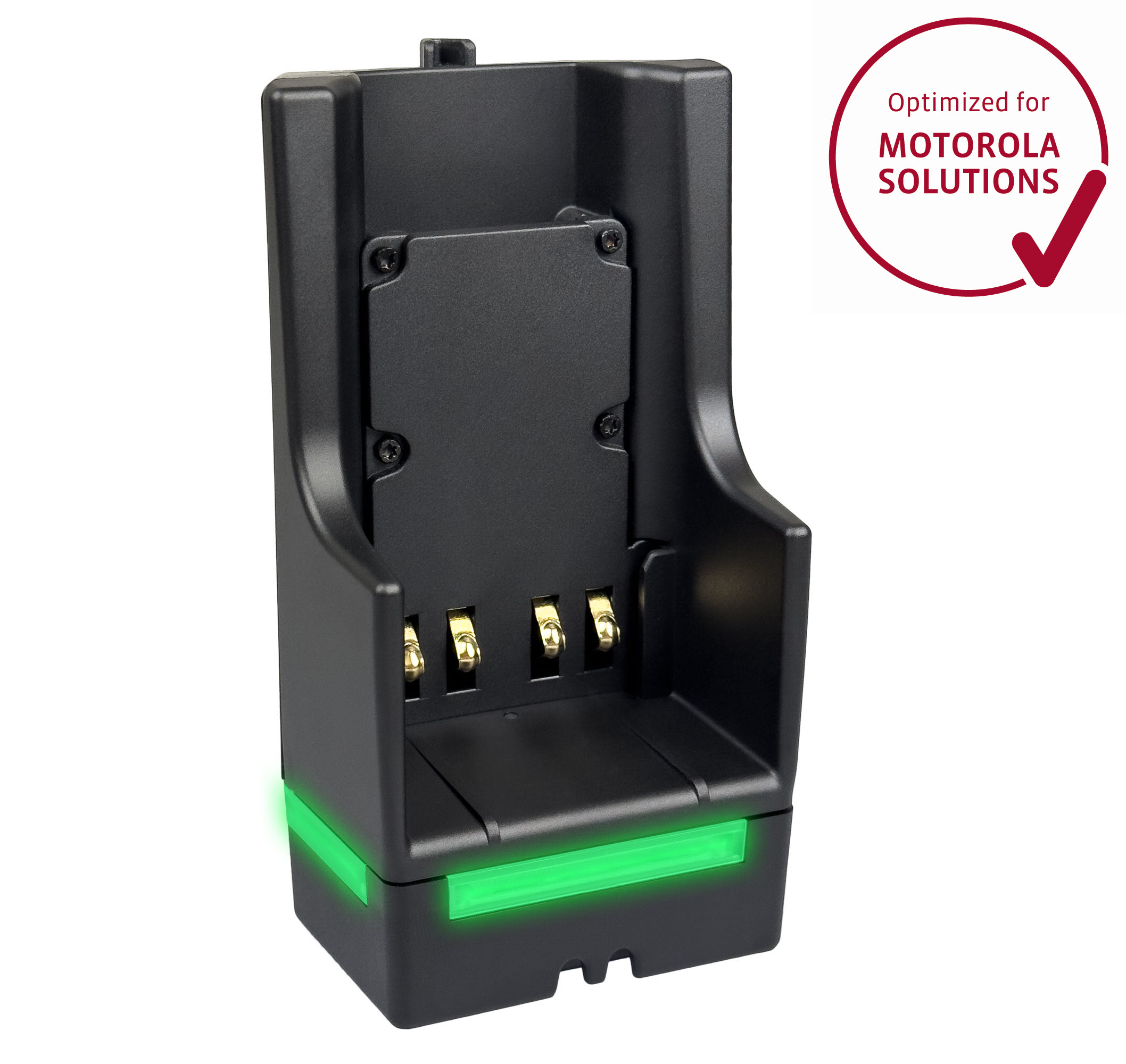 01_6509_00200051_PEI_Gruen_Optimized_01.jpg Black charger, compatible with Motorola Solutions, green light below.