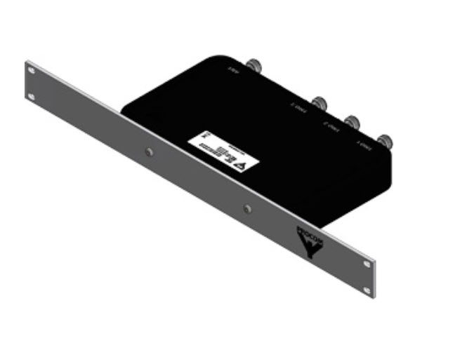 Rack-montierbarer, schwarzer Telekommunikationsverteiler mit vier Anschlüssen.