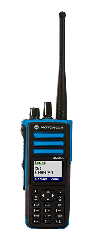 Handheld radio with display, buttons, and long antenna.