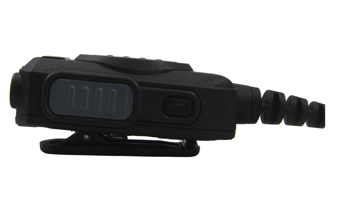 Black communication device, side view, coiled connector.