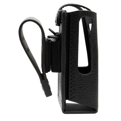 Black leather holder with buckle, side view.