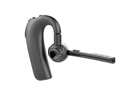 Schwarzes Bluetooth-Headset mit Mikrofon und Ohrbügel.