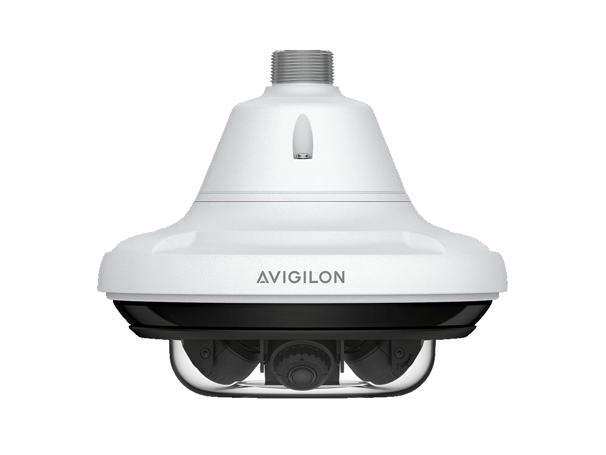 360-Grad-Überwachungskamera mit weißem Gehäuse und Avigilon-Logo.