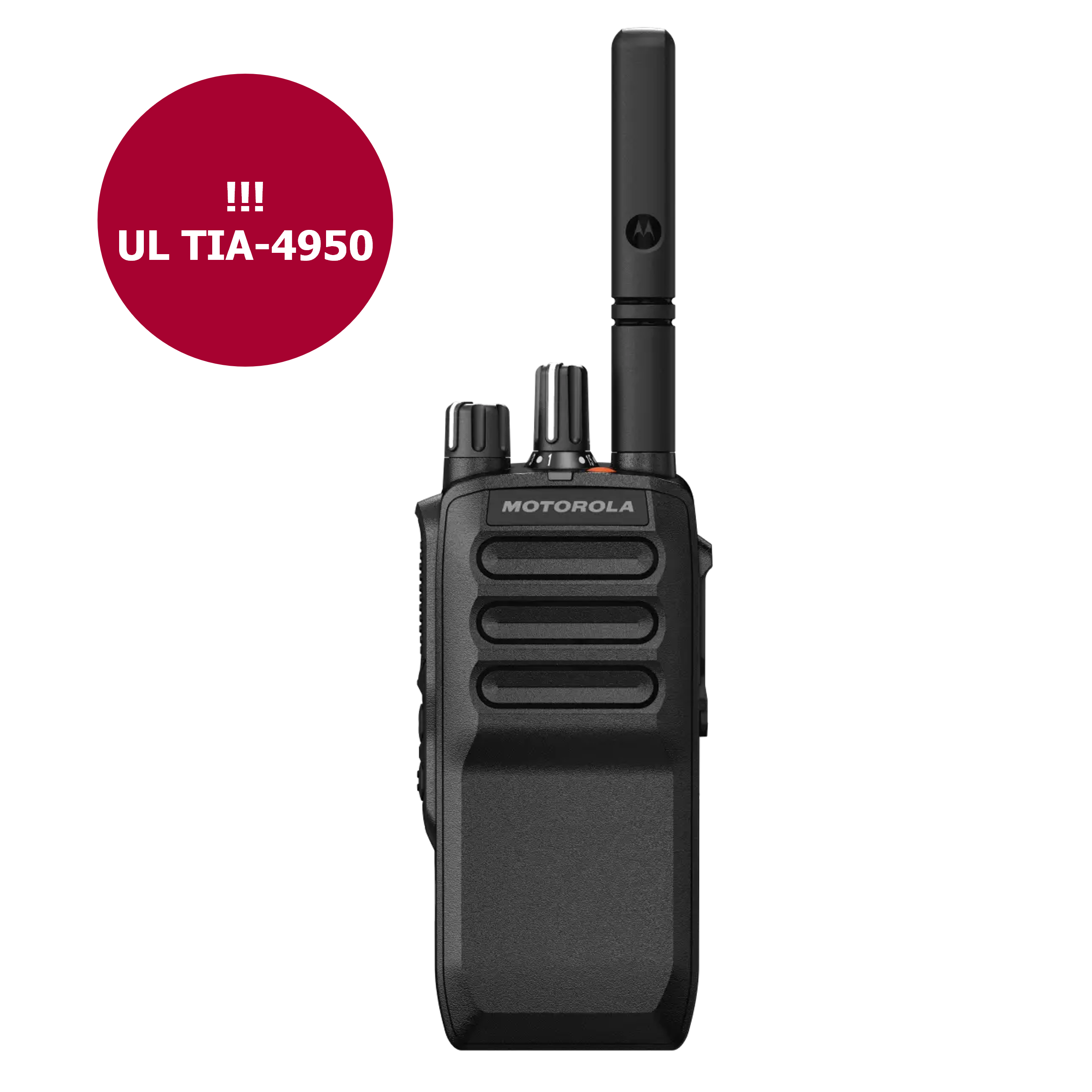 Handheld radio with Motorola logo, red notice for UL TIA-4950 standard.