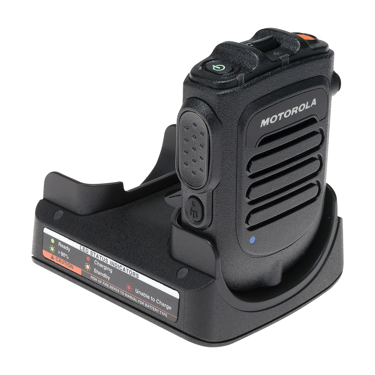 Radio with docking station, indicator lights visible.