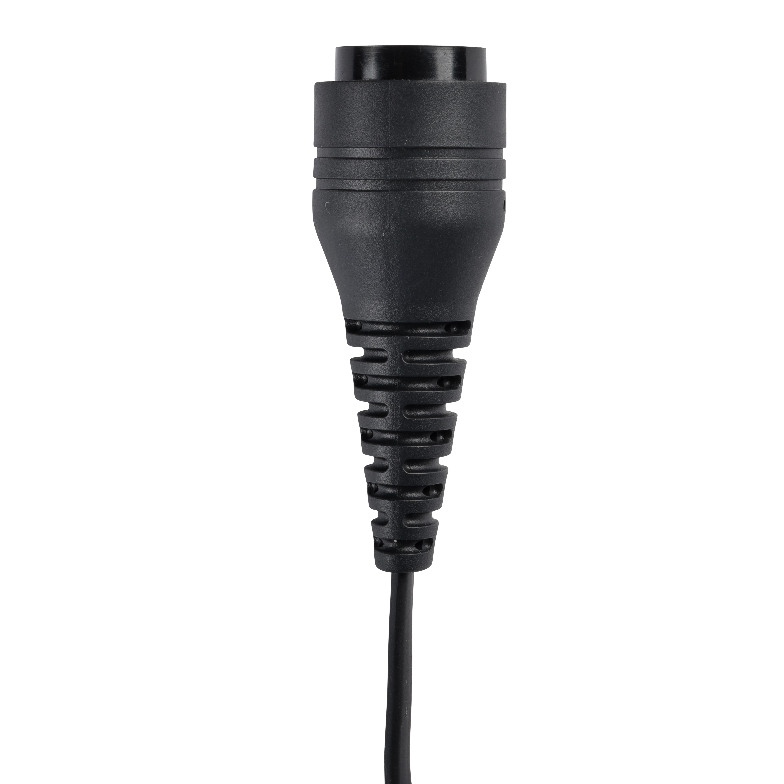 Schwarzer zylindrischer Stecker mit geripptem Griff und Kabel.