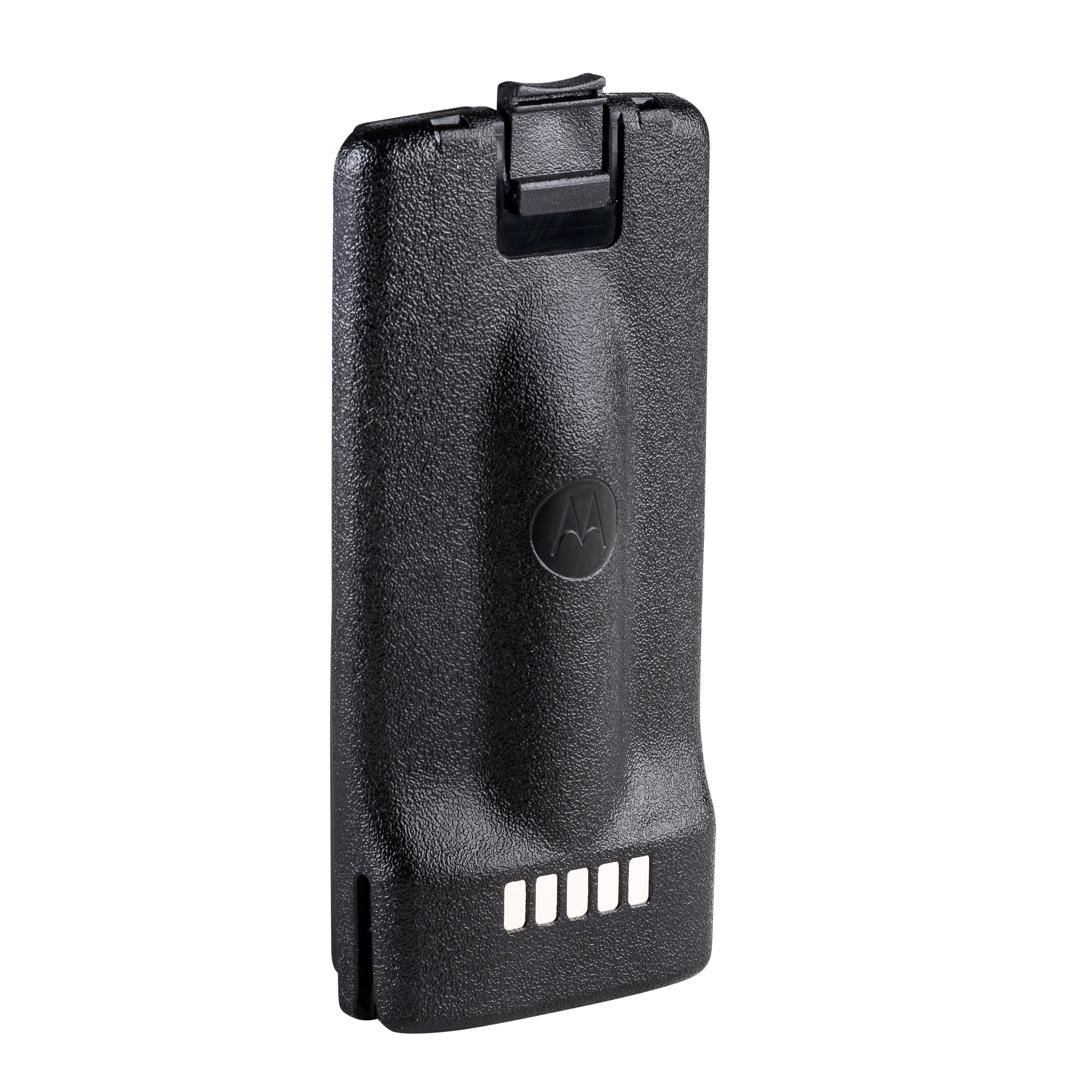 Schwarze Plastikbatterie mit Motorola-Logo und vier Kontakten unten.