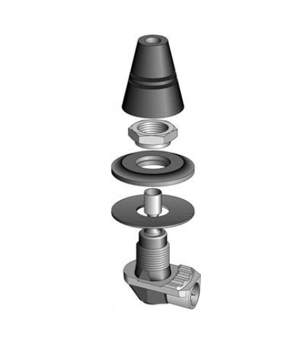 Exploded view of a valve with cone, nut, washer, seals, and housing.