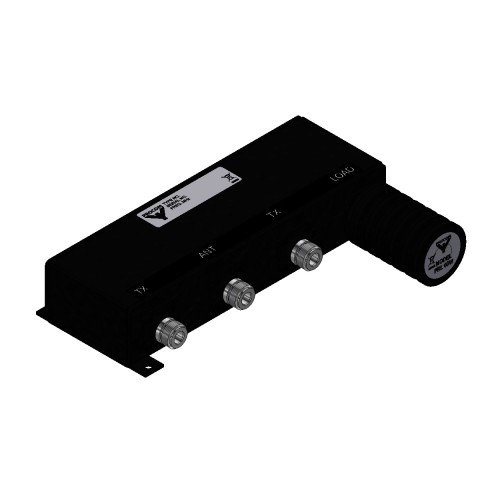 Schwarzer elektrischer Verteiler mit drei Anschlüssen und Beschriftungen.