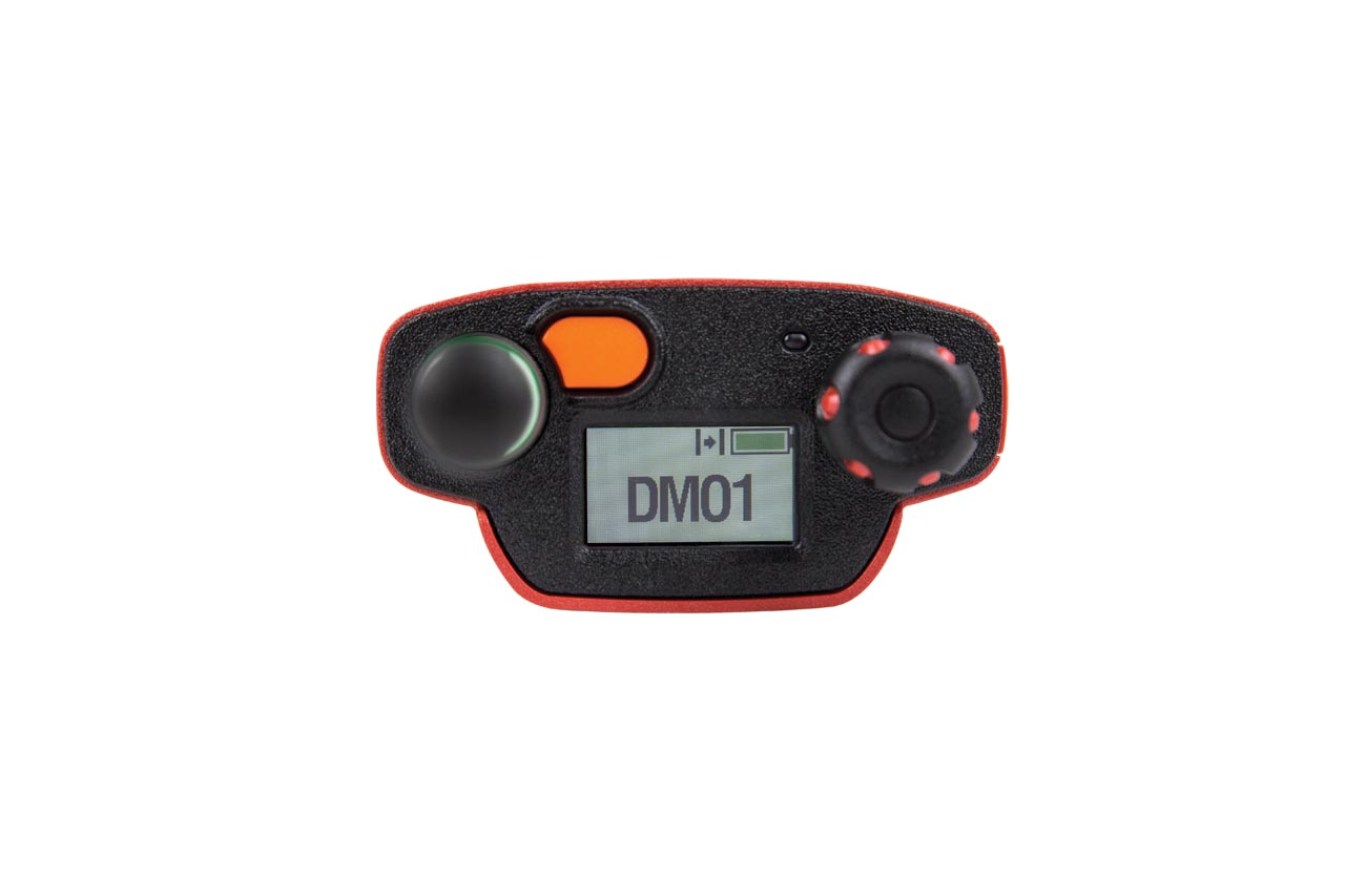 Electronic device with display reading 'DM01', knob, and two buttons.