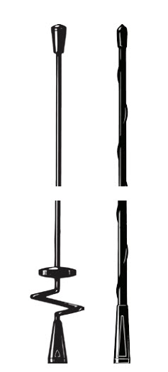 Two black mixer rods, one with flat blades, one spiral-shaped.