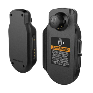 Two black portable radio modules with a battery charging warning.