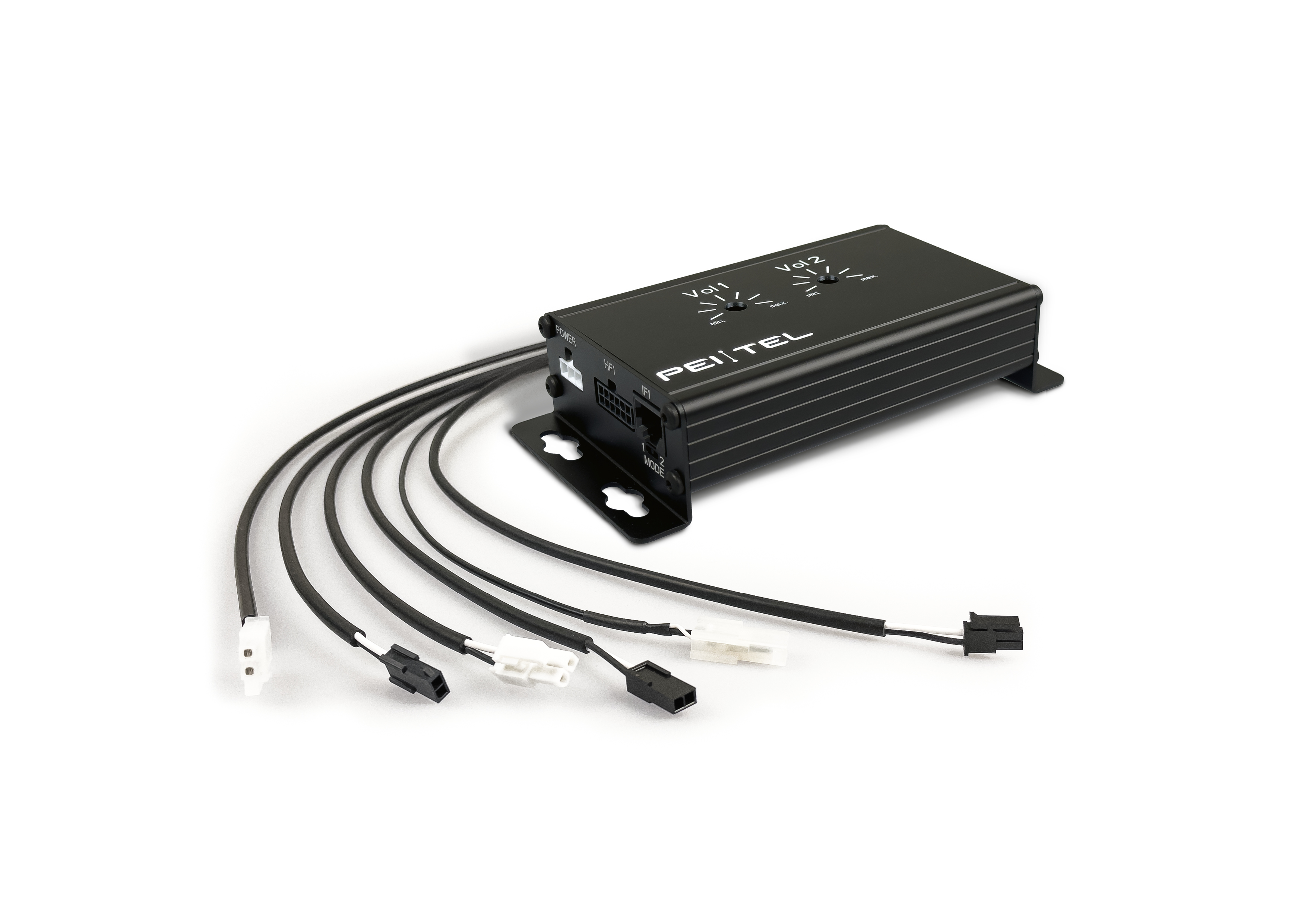 Schwarzes elektronisches Gerät mit Kabeln und Anschlüssen.