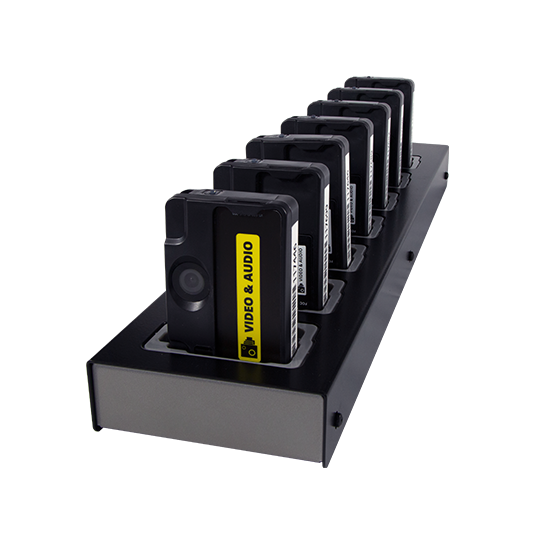 Charging station with multiple black body cameras in docking station.