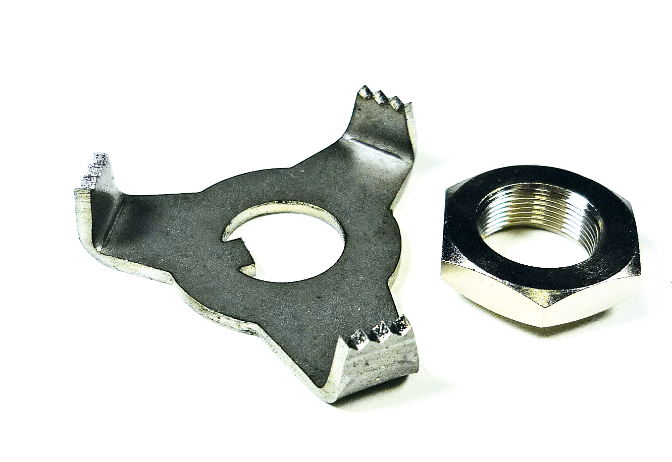 Metal fitting with lock washer, hexagonal nut.