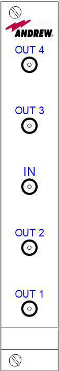 7000_00144600_COM_01.png Vertikale Leiste mit Logo, vier Ausgängen und einem Eingang, von oben: Out 4, Out 3, In, Out 2, Out 1.