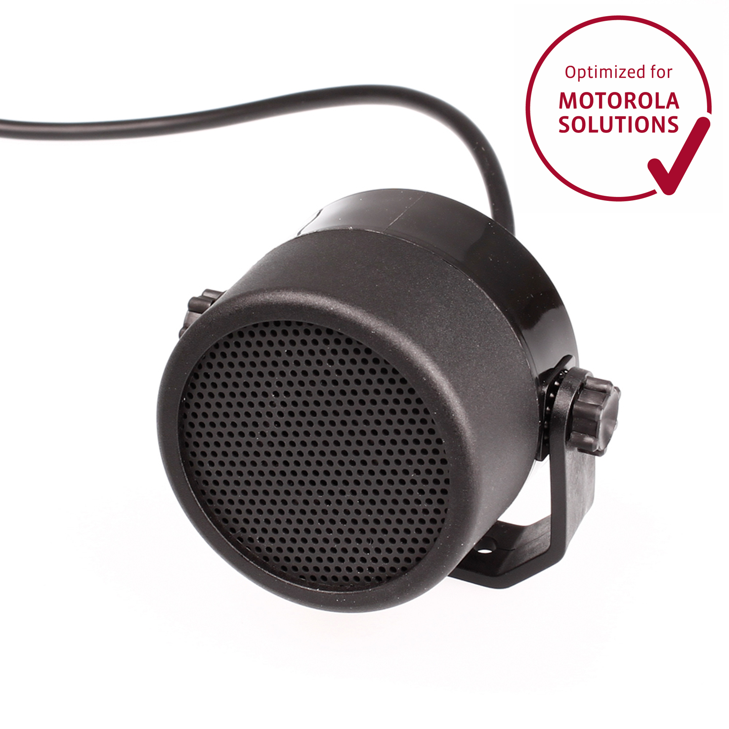 Black speaker with cable, optimized for Motorola Solutions.
