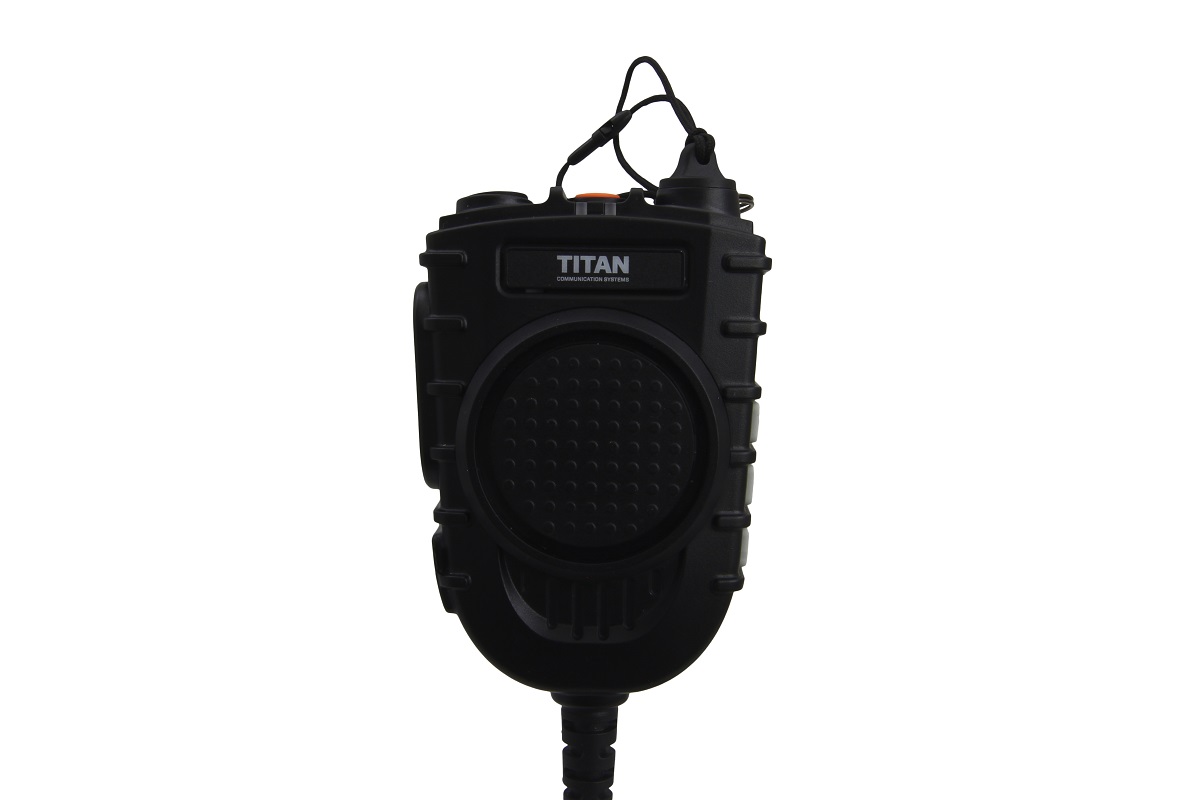 Schwarzes Walkie-Talkie mit kreisförmigem Lautsprecher und Kabelanschluss.