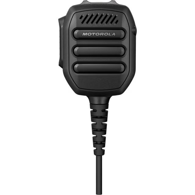 Funkmikrofon mit drei Tasten und Kabel.