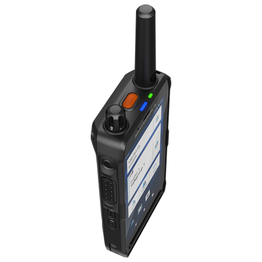 Handheld radio with screen, antenna, and buttons in black.