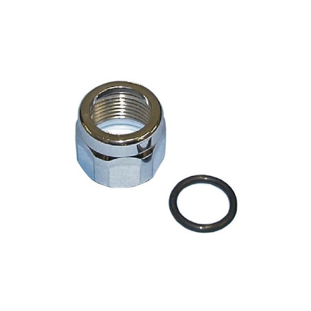 Metallene Verschraubung neben einem schwarzen Dichtungsring.