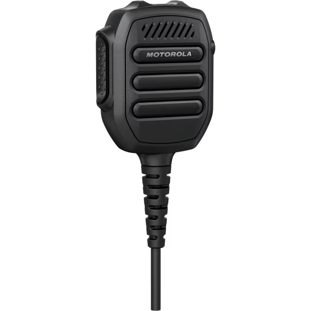 Black handheld microphone with cable and ergonomic design.