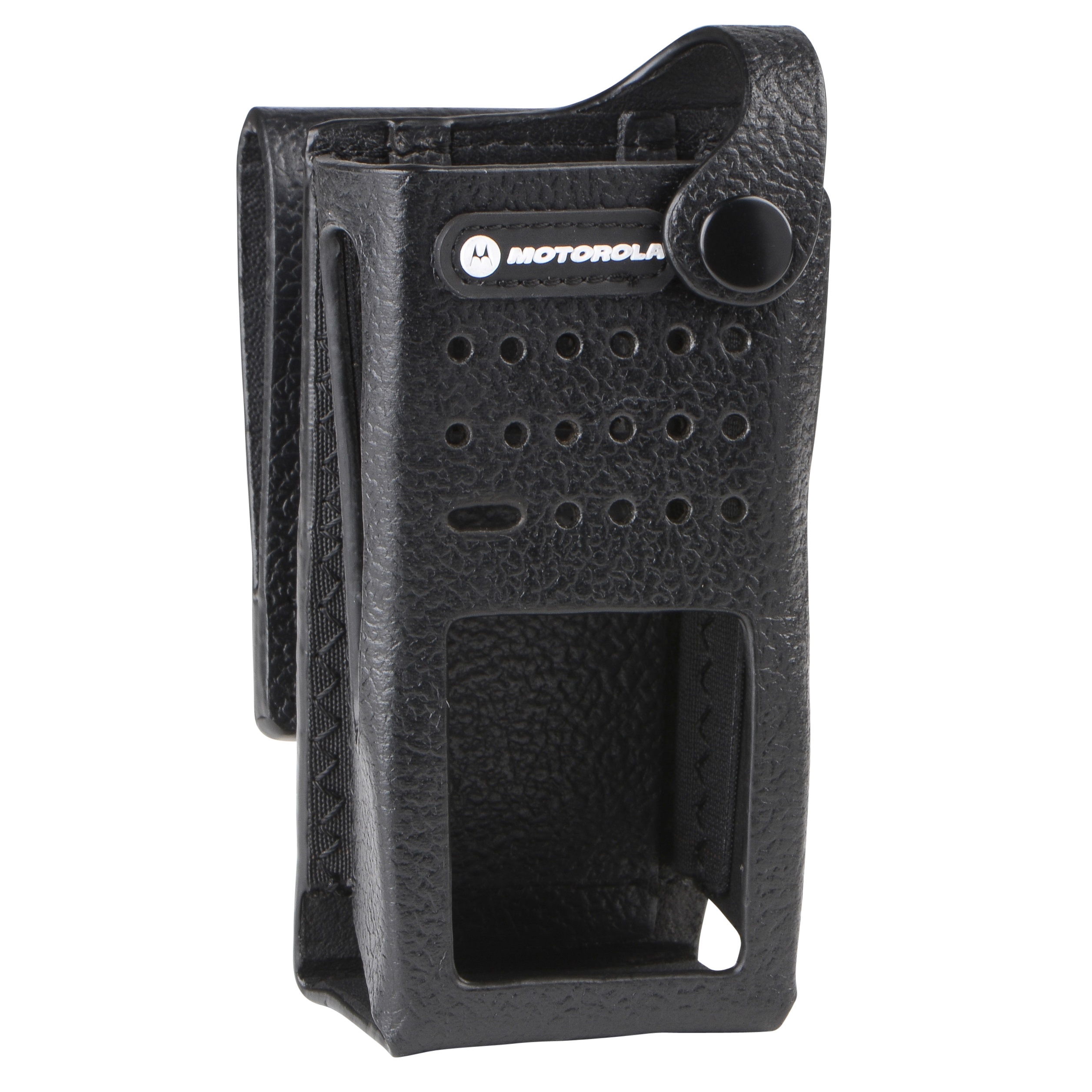 Black leather case with perforations for a communication device.