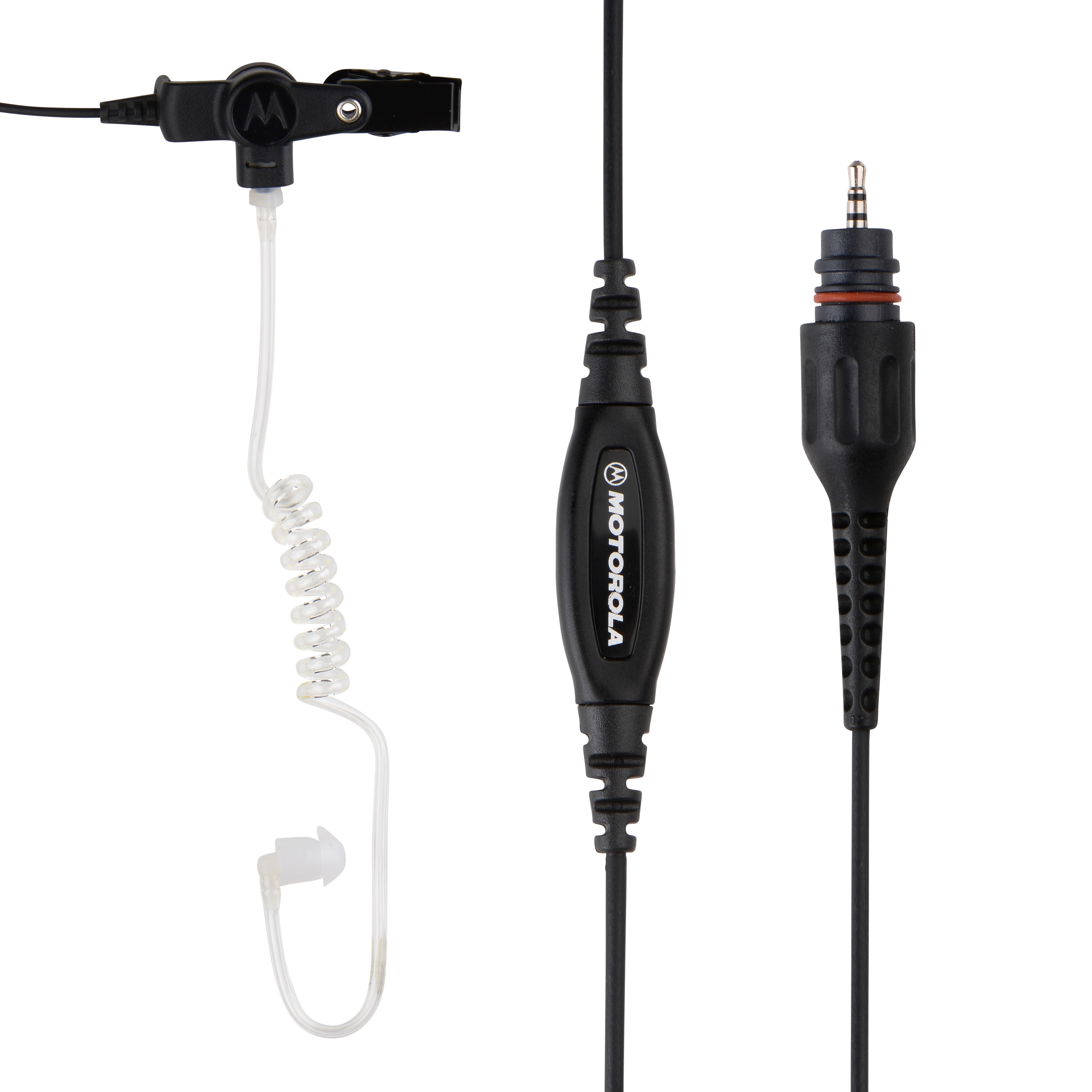 Schwarzes Motorola Headset mit transparentem Ohrhörer und Spiralkabel.