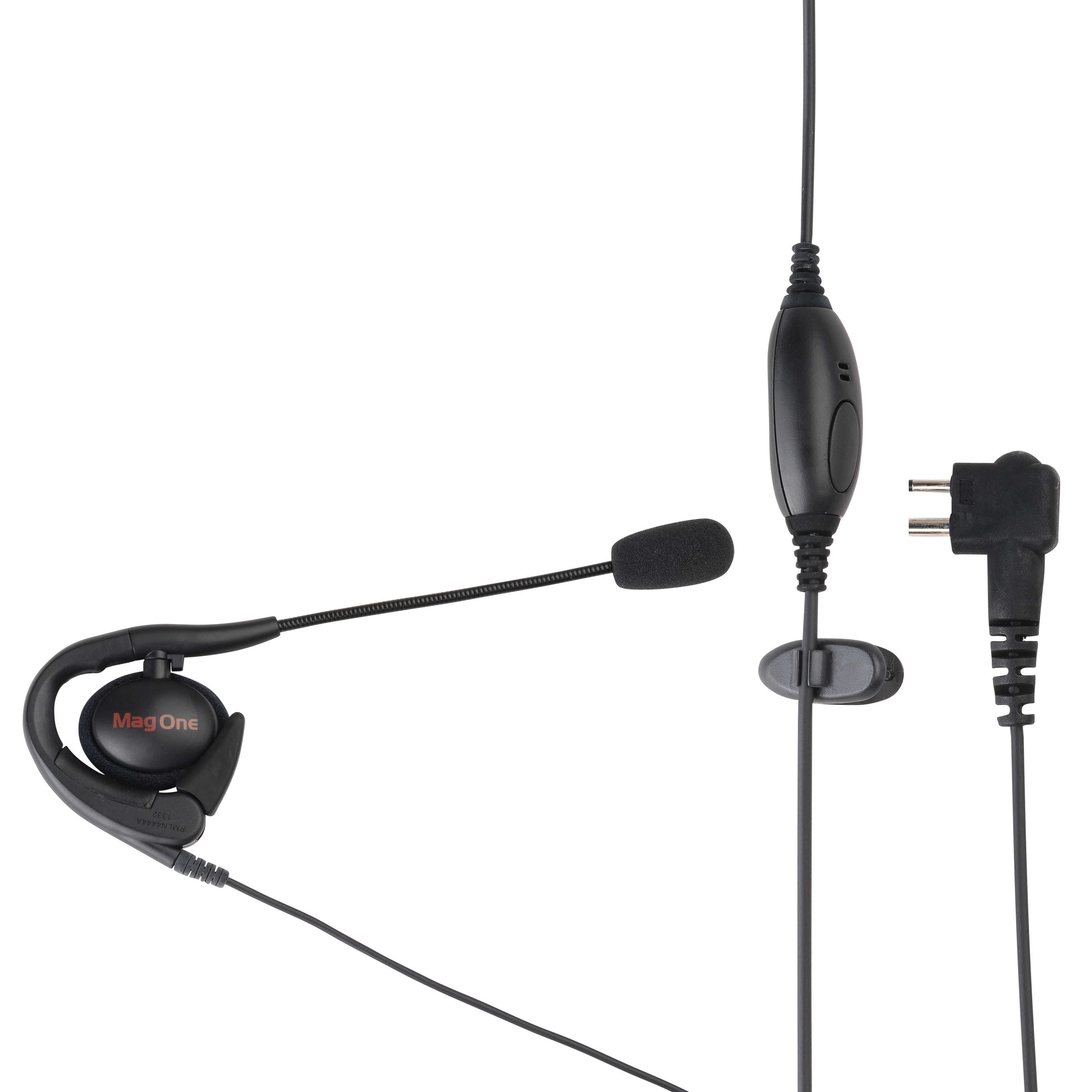 Schwarzes Headset mit Ohrbügel und Mikrofon am Kabel, Steckverbinder rechts.