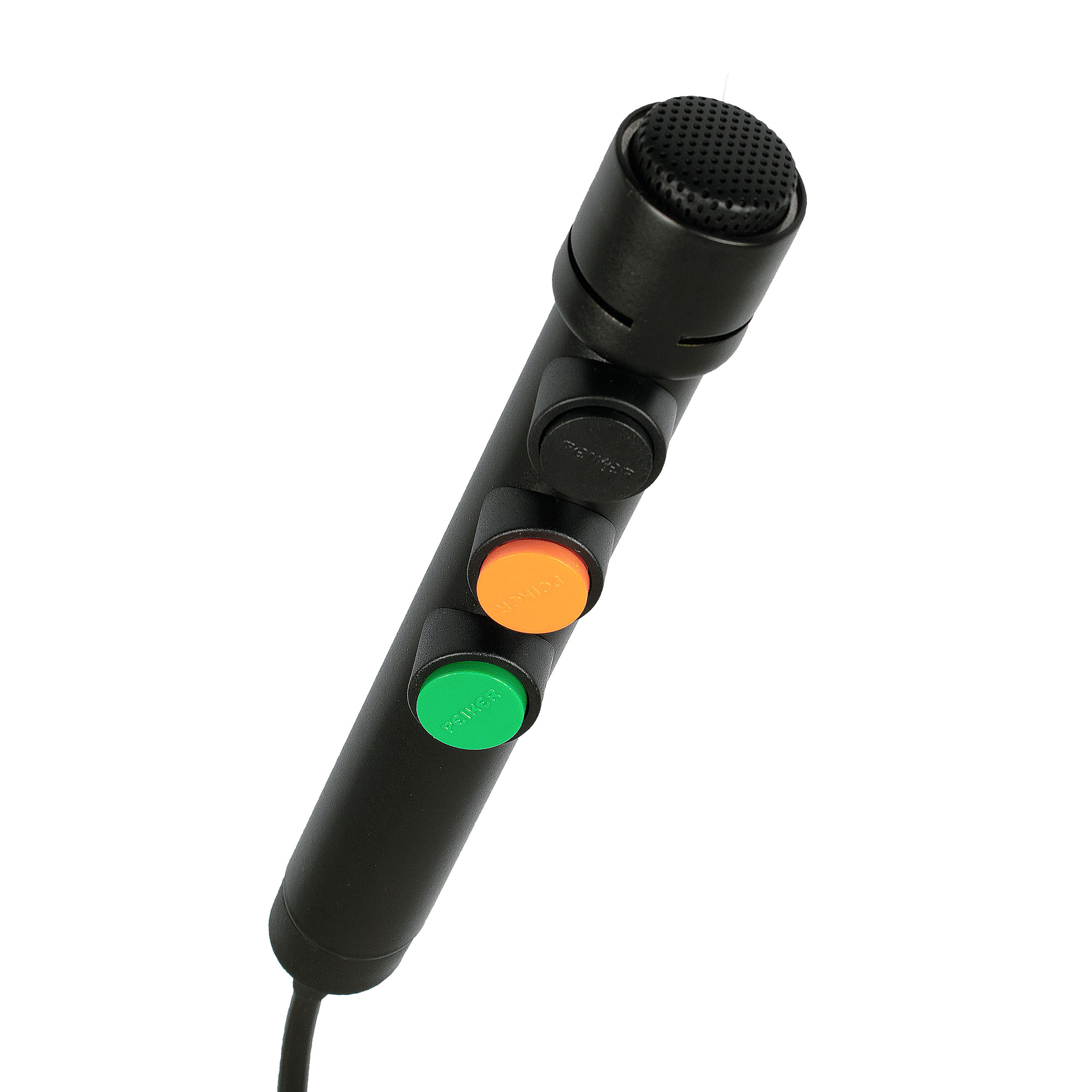 Schwarzes Mikrofon mit grünen, orangefarbenen und schwarzen Tasten.