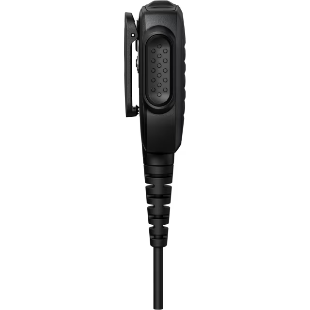 Side view of a black radio microphone with cable.