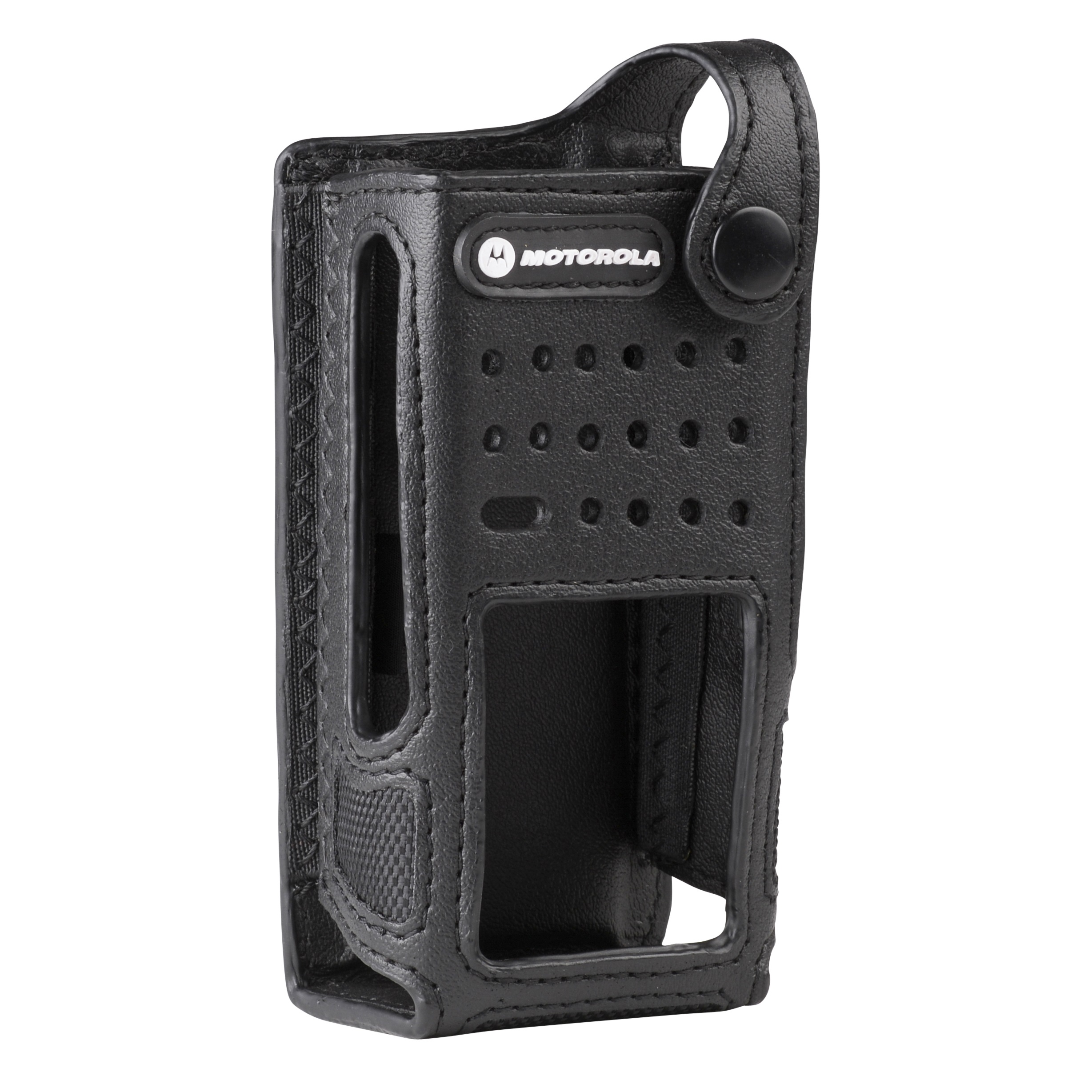 Black leather case for radio with snap and button fastening.