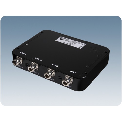 Black network box with five connector ports against blue background.