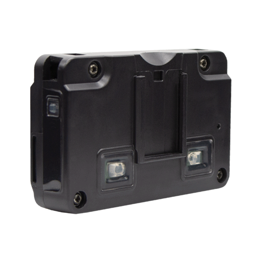 7000_00754426_MOT_05-1.png Schwarzer Kunststoffsensor mit zwei Linsen und mehreren Schrauben.