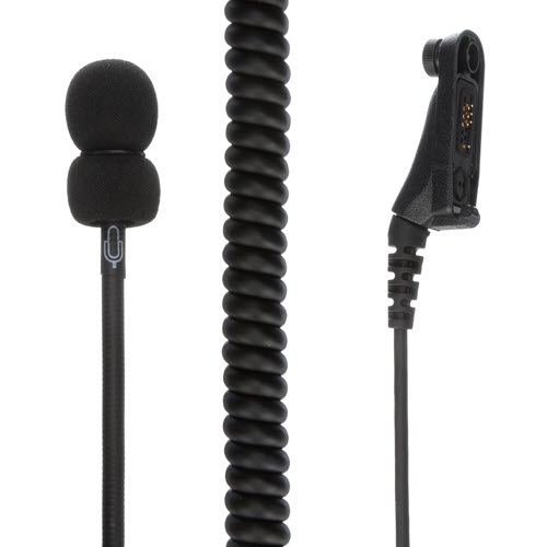 Communication microphone with coiled cable and clip connector.