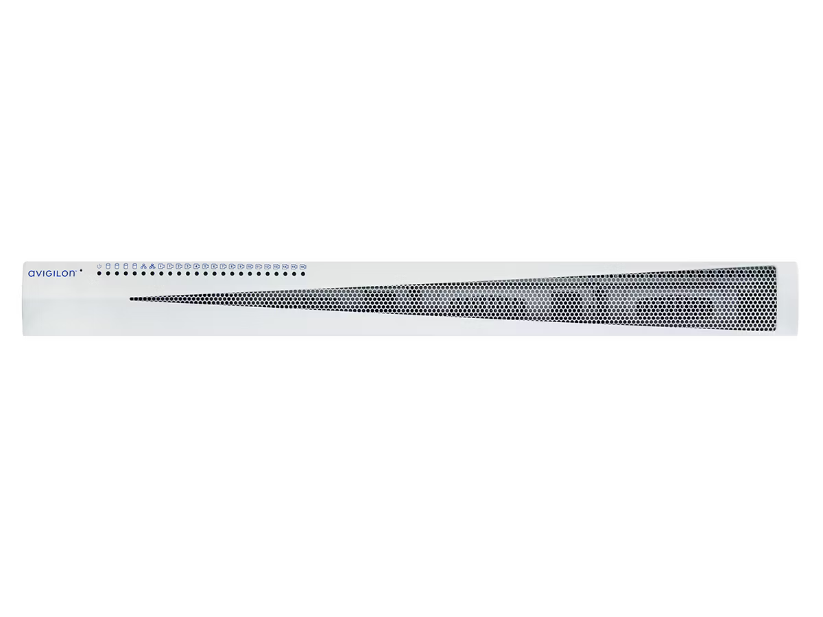 Weißer Server 1U Rackmount mit Perforationen, Avigilon-Logo links.