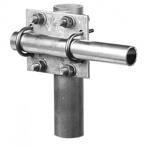 Two metal pipes connected by a metal plate and bolts.