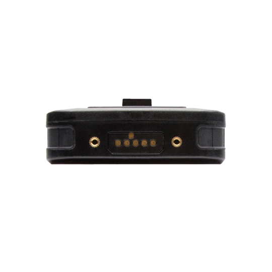 Back of a black charger with multiple metal connectors.