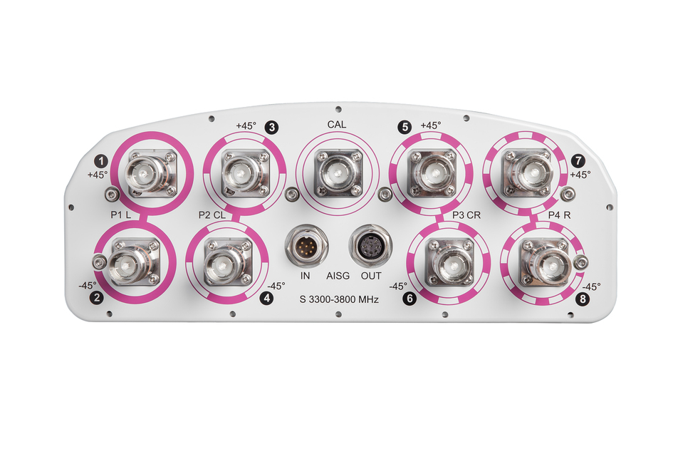 Coaxial connectors on an antenna base plate, numbered and labeled with Cal, IN, AISG, OUT.