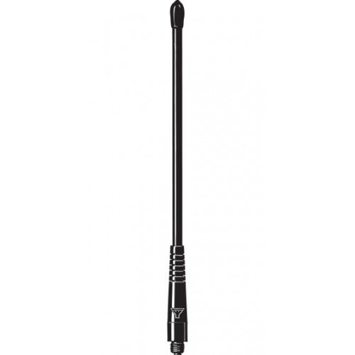 Black radio antenna with screw thread at the base, cylindrical shape.