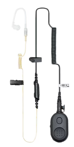 Ohrhörer mit Mikrofon und Kabel. Enthält Spiralkabel und Clip.