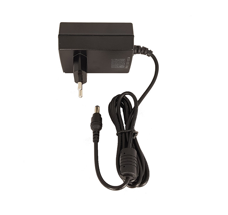 Black power adapter with Euro plug and long cable.