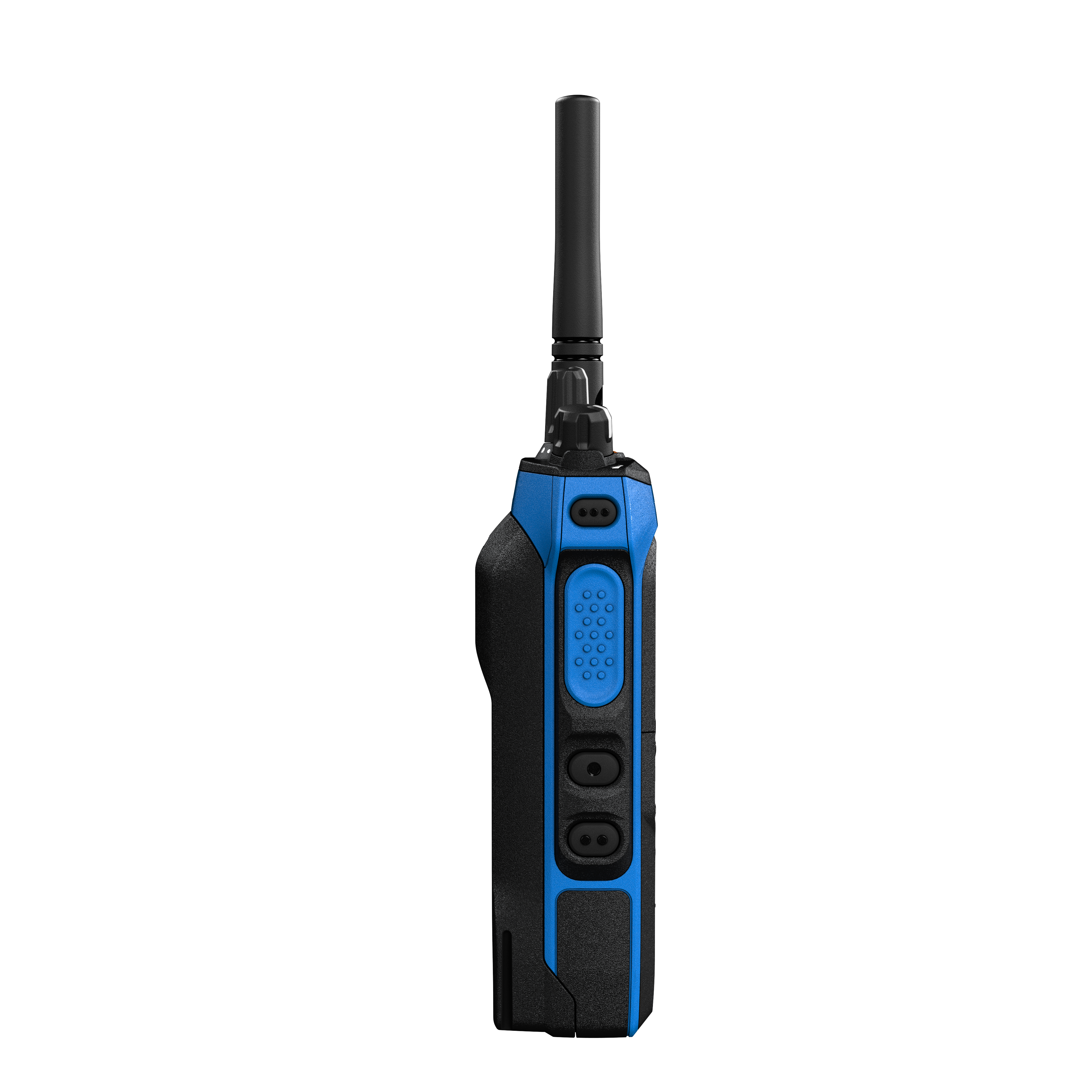 Walkie-talkie with black and blue casing and antenna pointing upwards.