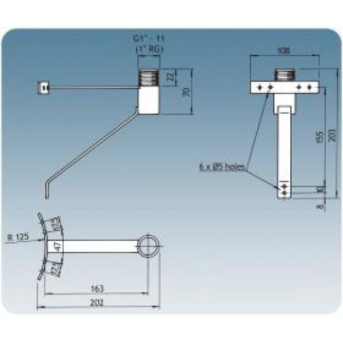 Technische Zeichnung eines Wandarms mit Maßangaben.
