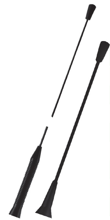 Two black flexible car antennas, one shorter with grooved handle.